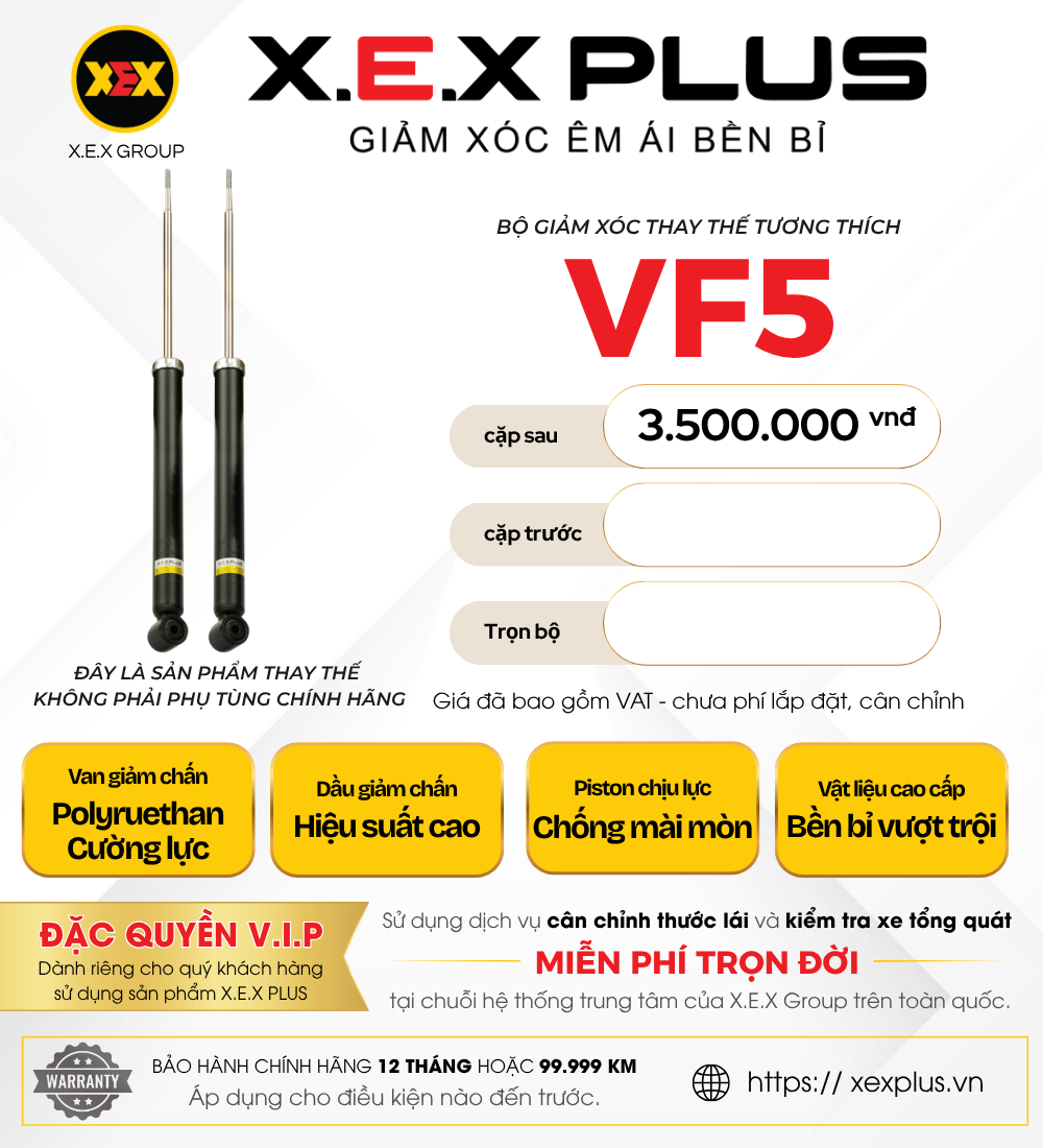 Phuộc Nhún Thay Thế tương thích Vinfast VF5 – X.E.X Plus Giảm Xóc Êm Ái Bền Bỉ